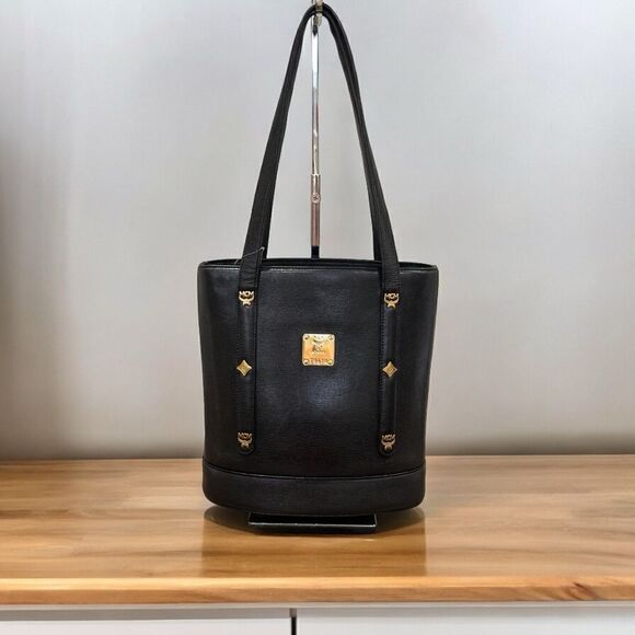 MCM Handbags - MCM Authentic Vintage Black Saffiano Leather Studded Logo Bucket Shoulder Bag